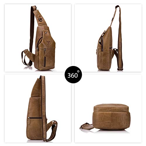 FANDARE Sac de Poitrine Homme Sac Rétro en Bandoulière en Cuir d'affaire Poche pour Voyage Randonnée Sport Sacoche Bandoulière Imperméable Jaune Marron L