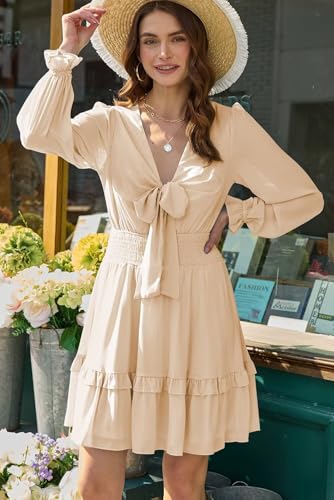 Image of Dokotoo Womens Casual Spring Fall 2025 Deep V Neck Knotted Tiered Chiffon Elegant Mini Short Swing Skater Dresses