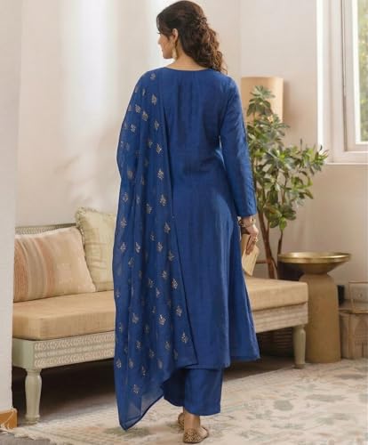 Image of ANNI Designer Women's Viscose Straight Printed Embroidery Kurta with Pant & Dupatta | Long Sleeve Ethnic Kurta Set for Women | Casual Office, Daily, Party Outfits