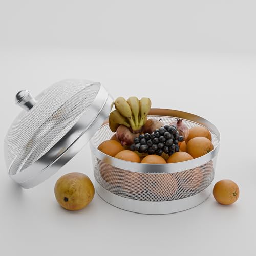Image of Kuber Industries 10 Inch Stainless Steel Mesh Fruit Basket for Dining Table with Lid Net Cover | Strainer Vegetable Basket for Modular Kitchen | Keep Flies Bugs Mosquitoes Away | Silver