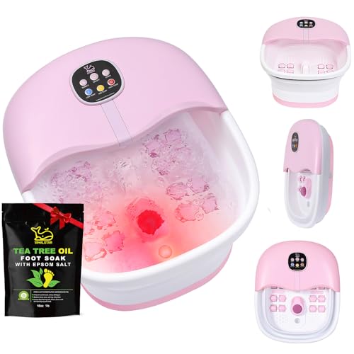 Collapsible Foot Spa Bath Massager with Heat Bubbles and Vibration Massage and Jets, 16oz Tea Tree Oil Foot Soak Epsom Salt, WHALSTAR Foot Bath Bucket With Red Light & Remote - PINK
