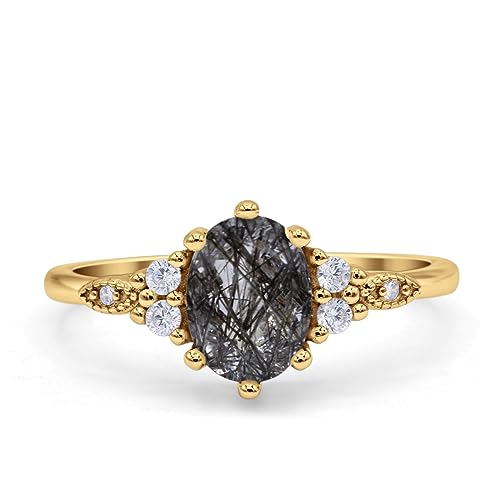 OMRANII Oval Natural Rutilated Quartz Marquise Antique Style Gift For Women Art Deco Wedding Engagement Ring CZ 925 Sterling Silver