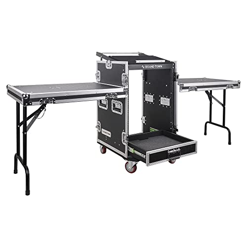 Sound Town 16U PA DJ Pro Audio Rack/Road ATA Case with 2U Drawer, 11U Slant Mixer Top, Two DJ Work Tables, Casters, Pro Tour Grade (MR-DR16UT2)