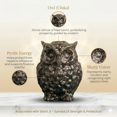 Image of Pyrite Owl (Maa Laxmi Ji Vahan & Shani Dev Priya) for Dhan Wealth Protection | Vastu Feng Shui Money Attraction Owl | Home Office Decor Good Luck Gift