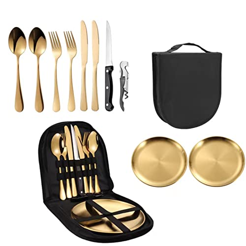 Camping Besteck Set, Camping Cutlery Set, 2 Personen Campinggeschirr Edelstahl Reisebesteck mit Gabeln Löffel Messer Flaschenöffner Teller für Outdoor Geschirrset Reisen Wandern (Gold)