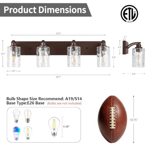 Image of 4-Light Bathroom Light Fixtures Modern ORB Vanity Lights | Easy to Install Clear Hammered Glass Shades, Rippled Glow, Wall Mount Up or Down, E26 Socket, Hardwired, 120V