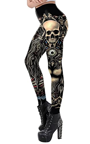 Halloween Leggings Femme 3D Taille Haute Legging Élastique Extensible de Sport Legging Motif Crâne Tête de Mort Galaxy Citrouille Carnaval - S