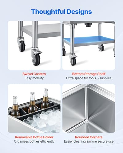 Image of VEVOR Commercial Ice Bin,19 Inch Stainless Steel Ice Chest with Sliding Lid and Bottle Holders, Cooler Cart Cocktail Unit for Bar Restaurant Pub, NSF Certified