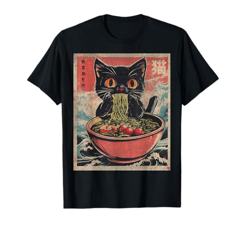 Anime Shirt For Men Women Kids Cat Ramen Noodles Unisex Anime Cat Ramen Japanese Funny Graphic Tees Kawaii Cat Anime Gifts T-Shirt Black XS