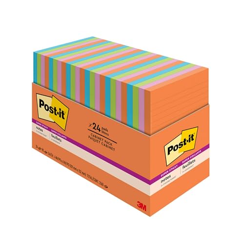Post-it Energy Boost Collection Super Sticky Note, 4-inch x 6-inch, Lined, 45 Sheets/Pad, 24 Pads/Pack (660-24SSAU-CP)