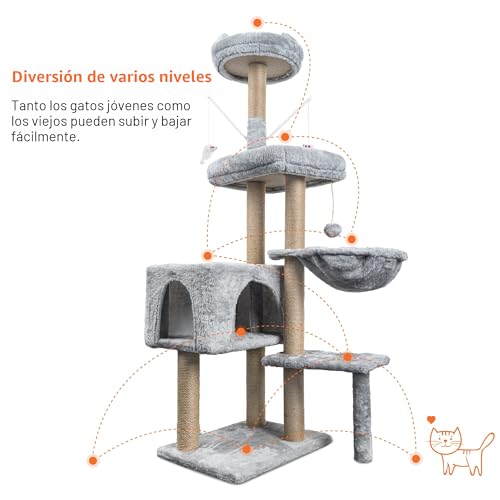 Miniatura 8 de Homidec Rascador Para Gatos Árbol Para Gatos,145cm Rascador, Torre De Escalada, Estable De Varios Niveles, Árboles De Actividades Con 7 Postes De Sisal, 5 Plataformas, 2 Nidos