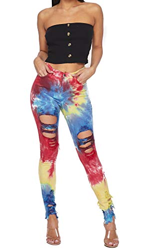Vibrant Women's Juniors High Rise Jeans w Heavy Distressing (1, Tie Dye Crop Top Bundle