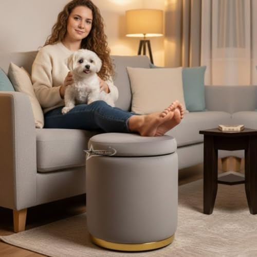 Image of Velvet Round Single Strip Ottoman Office Stool Foot Rest Stool Velvet Fabric Padded Seat Pouf Ottoman 16 X 16X 19 inch,in Round Shape for Living Room Grey