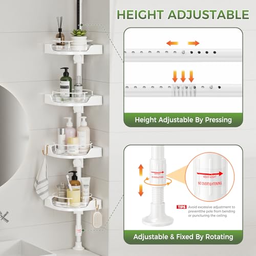 CVGETME Coner Shower Caddy Tension Pole with 4 Lazy Susan Bathroom Corner Organizer 360° Rotating 35-128 Inch No Drilling Floor Standing Shelves Adjustable Shower Rack for Bathroom(White) by CVGETME - Used condition - Image 5