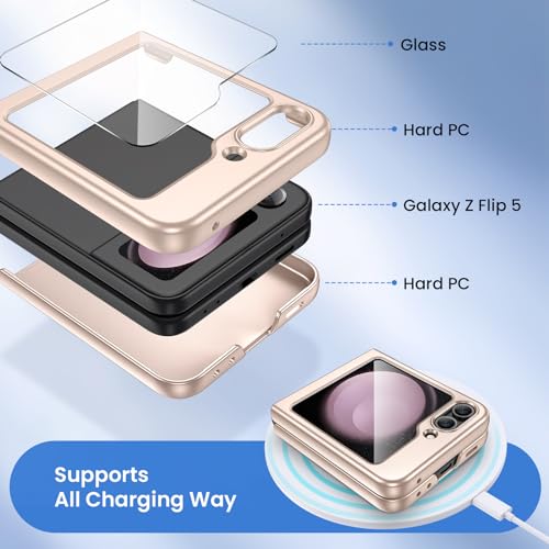 Image of Ruky for Samsung Z Flip 5 Case, with Built-in Screen Protector, Gold | Full Body Hard PC Slim Anti-Scratches Shockproof Wireless Charging Women Girls Phone Case for Samsung Galaxy Z Flip 5, Gold