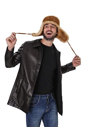 Image of Leather Aviator Shearling Ushanka Trapper Hat Russian Sheepskin Cap Real Fur Winter Hat with Ear Flaps for Men Women
