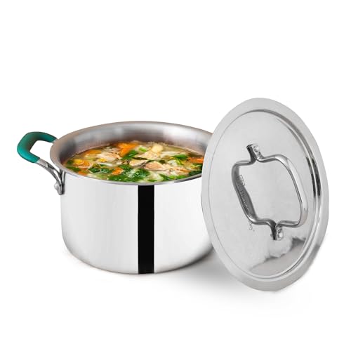 The Indus Valley Triply Stainless Steel Stock Pot/Handi/Briyani Pot/Dutch Oven with Steel Lid | Very Small 16.7cm/6.6 inch, 1.4Ltr, 0.9kg | Induction friendly | Nonstick 3-Layer Body