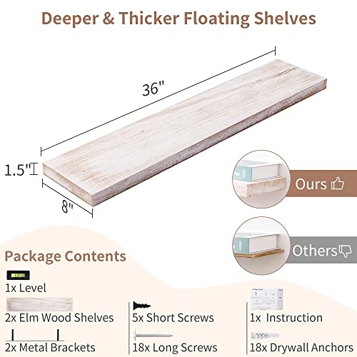 Axeman Floating Shelves, 8 Inch Deep Rustic Solid Elm Wood Wall Shelves For Storage, Wall Mounted Display Shelving With Invisible Heavy-Duty Metal Bracket, 36 Inch Width Set Of 2, White Wash #TOP1