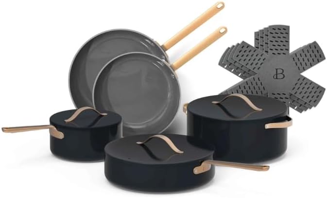 Beautiful 12-Piece Ceramic Non-Stick Cookware Set, Non-Toxic, Induction Compatible, Oven Safe up to 500°F, Dishwasher Safe, by Drew Barrymore (Black) Beautiful 12-Piece Ceramic Non-Stick Cookware Set, Non-Toxic, Induction Compatible, Oven Safe up to 500°F, Dishwasher Safe, by Drew Barrymore (Black)