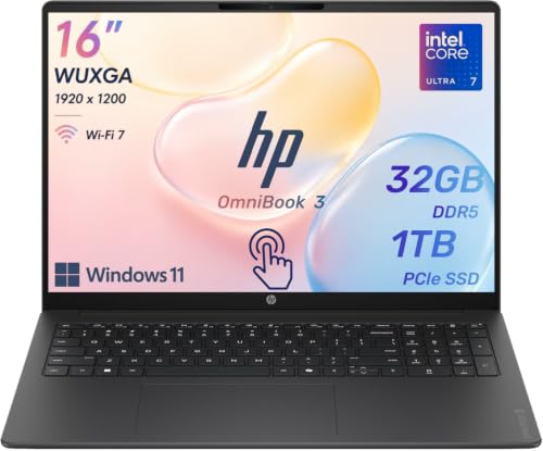 Image of HP OmniBook 3 16 inch Next-Gen AI Business Touchscreen Laptop, Intel Core Ultra 7 255U (12-Core), 32GB DDR5 RAM, 1TB SSD, WUXGA IPS Display, Numeric Keypad, Wi-Fi 7, Windows 11