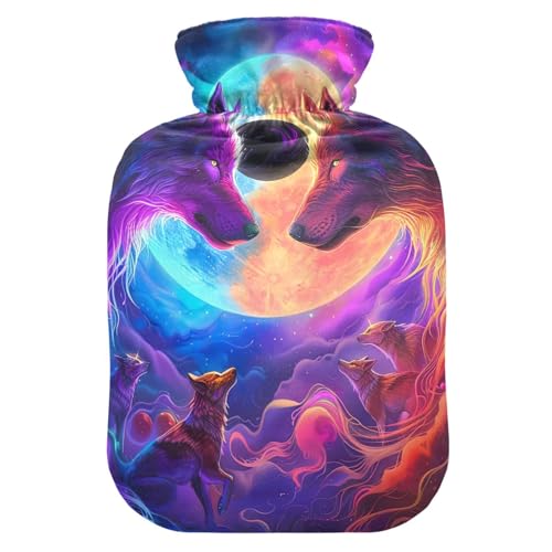Wolves Facing Hot Water Bottle Water Heating Pad Hot Water Bag for Foot Bed Warmer Pain Relief, 1 Liters