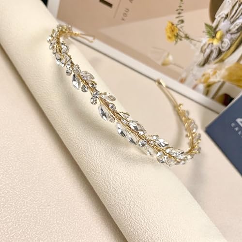 527&huan Gold Crystal Bridal Headband for Bride, Adjustable Wedding Headband with Teardrop Marquise Rhinestones, Comfortable Bridal Hair Accessory for Wedding, Prom, Bridal Shower, Formal Occasion — view 6