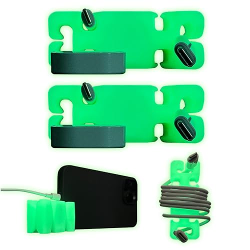 GlowBrick Stocking Stuffers for Adults Cord Management Weighted Cord Holder Cable Wrap Phone Stand - Glow-in-The-Dark Gadget Organizer for Nightstand. Gift for Men, Silicone. 2pk Glowing Green