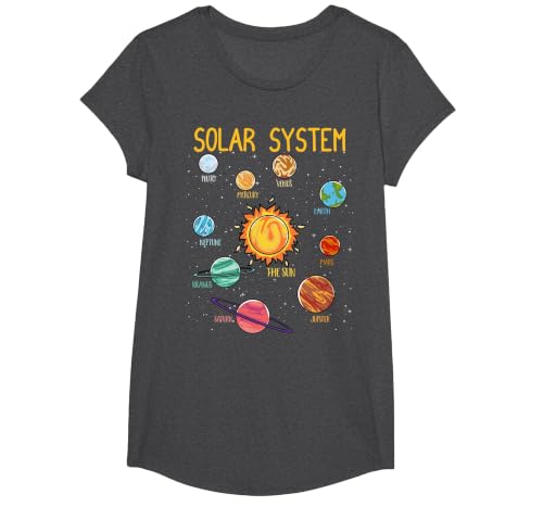 Solar System Planets Science Space Boys Girls STEM Kids T-Shirt, Girls, Dark Heather Grey, Large