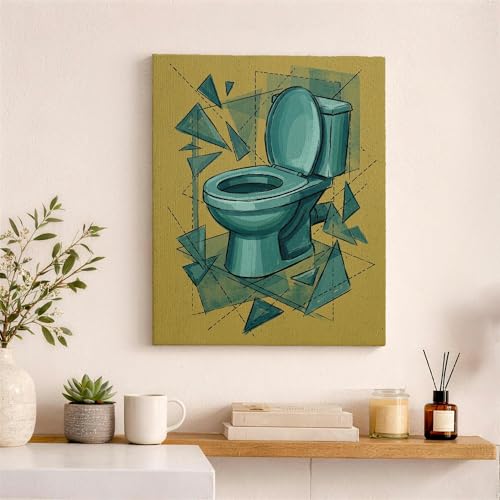 Abstract Geometric Toilet Canvas Wall Art, Teal Green Modern Bathroom