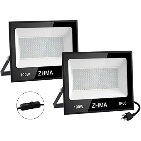 ZHMA 100W LED Flood Lights Outdoor, IP66 Waterproof Flood Lights,9000LM Super Bright LED Work Light with Plug,6500K White Spot Light for Garage, Yard, Garden, Basketball Court Etc (2 Pack) Cover