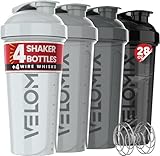 VELOMIX -4 PACK- 828ml Protein Shaker Bottle -4x Wire Mixball | Leak Proof Shaker For Protein Shakes | Large, Stackable Protein Shake Bottle | Dishwasher Safe Gym Bottle (Silver Mix)