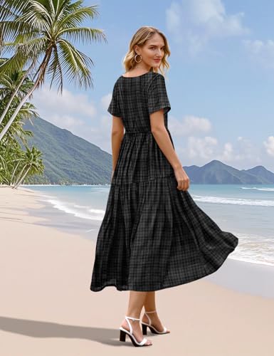 Image of YESNO Women's Summer Maxi Dresses Casual Floral Short Sleeve V Neck Boho Beach Vacation Swing Dress with Pockets EVF