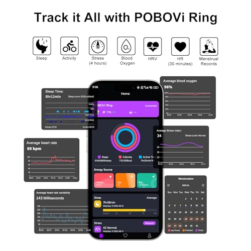 Image of POBOVi Smart Ring for Women Men- Sleep /Fitness /Stress /Heart Rate Tracker- Menstrual Records - 7 Days Battery Life - Wireless Charging - No APP Subscription - iOS & Android Compatible (Gold, Size 8)