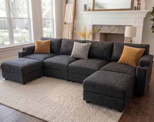 Image of sectional couches for Living Room, Oversized Modular Cloud U Shaped Couch, FSC Certified Chenille, Removable Chaise Sofa (Grey, U Shaped 6 Seat)