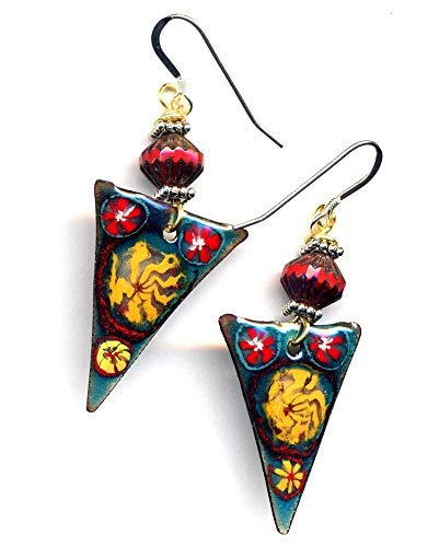 Red Teal Enamel Earrings, Artisan Handmade Sterling Silver Earrings, Triangular Flower Earrings, Geometrical Floral earrings, One of a kind Enamel 925 silver Jewelry by Anna