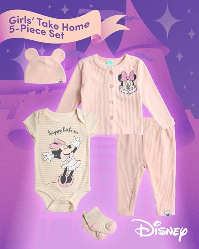 Disney Baby Girls Take Me Home Set - 5 Piece Minnie Mouse Bodysuit, Shirt, Pants, Hat, Socks - Newborn Infant Essential, 0-9M2