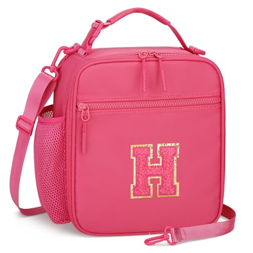 CLOUDWINGS Initial Insulated Lunch Bag for Girls Kids, Back to School Gift, Reusable Leak-proof Lunch Box with Adjustable Strap for School Daycare Travel Picnic (Rosy Red,H)