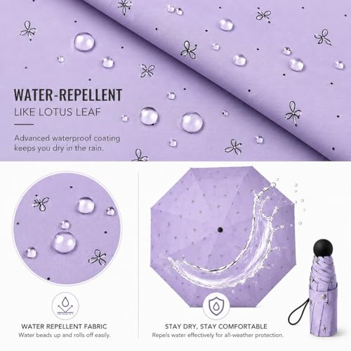 Image of Mini Umbrella with Case for Men & Women (Manual Open) Compact Travelling Pocket Umbrella, Polyester & UV Protect Fabric for Summer /Anti-Slip Handle- Use in Rain & Summer (Purple-Print)