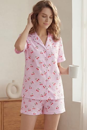 Image of LUBOT 100% Cotton Pajamas for Women 2 Piece PJ Set Poplin Woven Lightweight Ladies Button Short Sleeve Sleepwear S-XXL