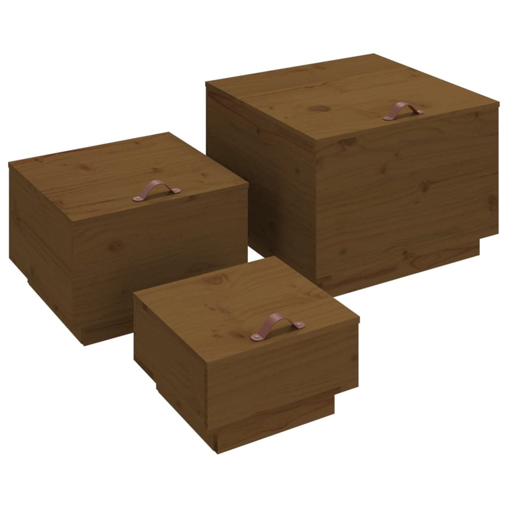 3er Set Aufbewahrungsboxen Holz Kiefer Kisten mit Deckel | Rustikale Beistelltische und Truhen aus massivem Kiefernholz in Honigbraun für das Wohnzimmer.