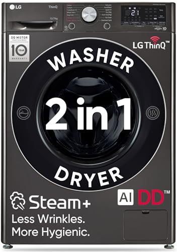 Image of LG 12 Kg (Wash) / 7 Kg (Dry), AI Direct Drive Technology, Steam+ & Wi-Fi Front Load Fully Automatic Washer Dryer (FHD1207STB, Intelligent & Convenient Fabric Care & Turbowash 360, Platinum Black)