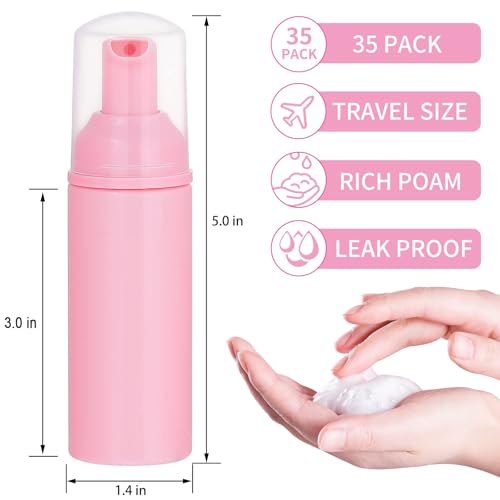 35 Pack Plastic Foam Bottles Travel Soap Dispenser Bottles with Pump Mini Liquid Foaming Soap Containers for Refillable Hand Sanitizer Lash Cleanser Shampoo Castile Pink(2 oz) - Thumbnail 2