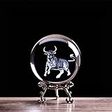 VVW&LIU Animaux Zodiaque Vache Figurines Boule De Cristal Charge March¨¦ Boursier Taureau Feng Shui Billes De Verre Sph¨¨re Globe Home Art D¨¦coration, Base Boule Et Ruban, 80 MM