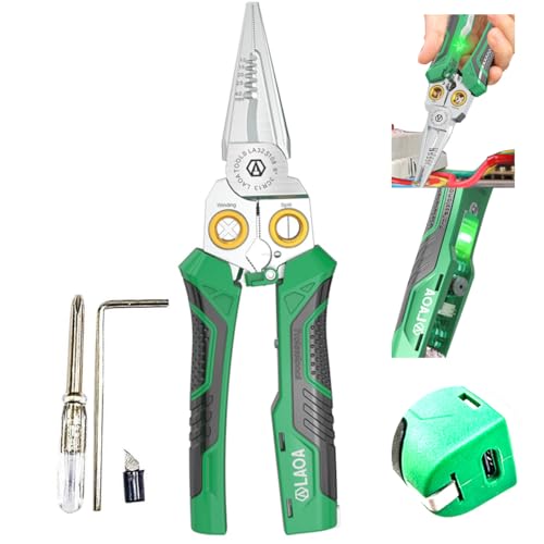LAOA 8in1 Electrician Pliers,Wire Strippers with Voltage Tester - Rechargeable Stainless Steel Multitool for Wire Strip/Cut/Crimp/Split/Wrap/Slit/Pull