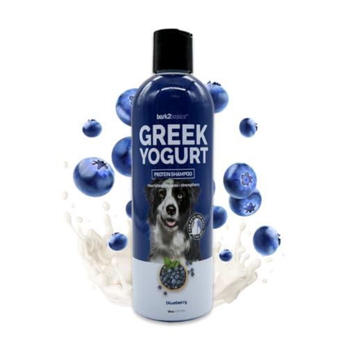 Bark2Basics Blueberry Greek Yogurt Shampoo, 16 oz - Protein Pet Shampoo, Natural Ingredients, Restores Moisture to Dry Coats, Soothes Dry Itchy Skin, 16:1 Concentrated, Professional