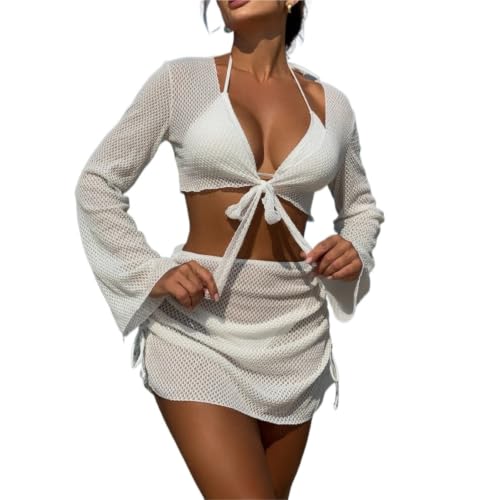 Maillot de bain séparé 4 pièces sexy pour femmes, ensemble couleur unie blanc taille S