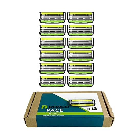 Dorco Pace 6 Pro - Six Blade Razor System with Trimmer - 12 Pack Refill (No Handle)