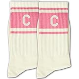 ERMCDFHC Pink and Off-white Striped Socks with The Letter C – Personalized Initial Crew Socks for Women, Cute Monogram Gift, Soft & Breathable Everyday Comfort, Retro Athletic Style, One Pair.(023)