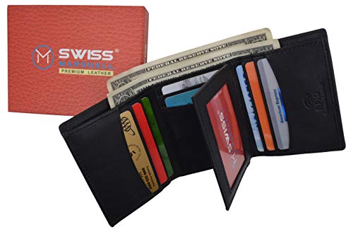 Mens RFID Blocking Premium Leather Classic Trifold Wallet Gift Box