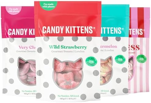 Candy Kittens Vegan Sweets The OG Selection (4 x 140g) โ Vegan Chewy Sweets Bundle, Wild Strawberry, Sour Watermelon, Eton Mess & Very Cherry โ Ideal Snacks for Sweet Hampers & Pick and Mix